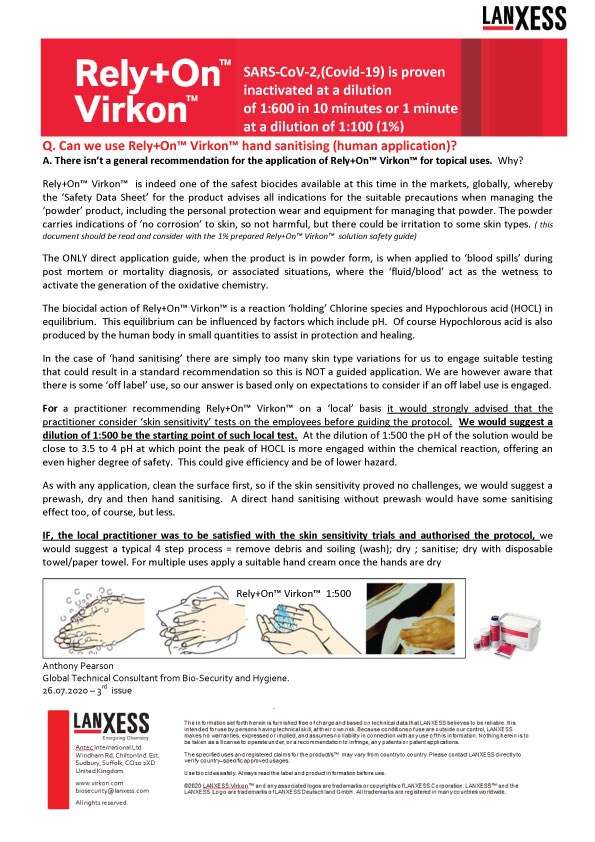 Gene Xpress Rely+On Virkon 1 to 500 hand sanitiser