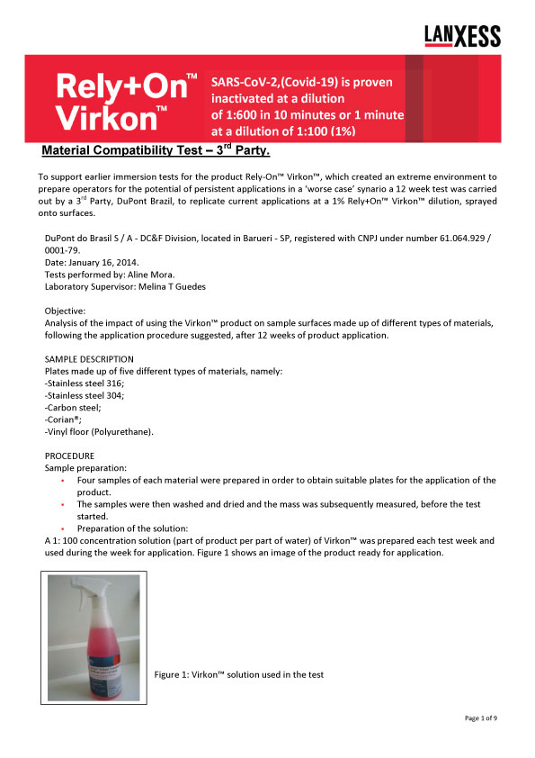 Gene Xpress Virkon Rely+On Virkon 12 week compatibility study Brazil Client